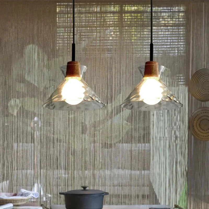 Art Ripple Glass Suspension with Wooden Shade
