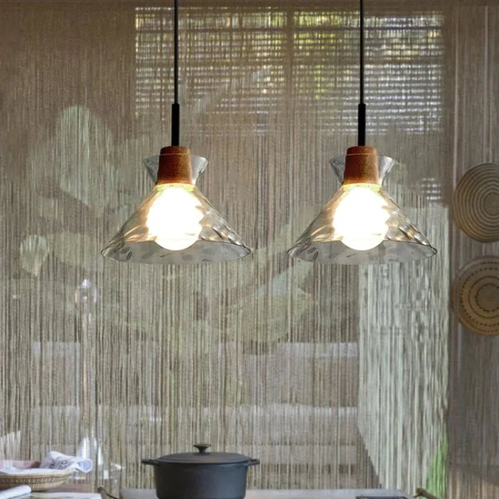 Art Ripple Glass Suspension with Wooden Shade