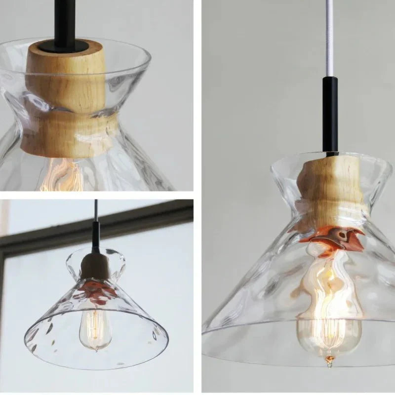 Art Ripple Glass Suspension with Wooden Shade
