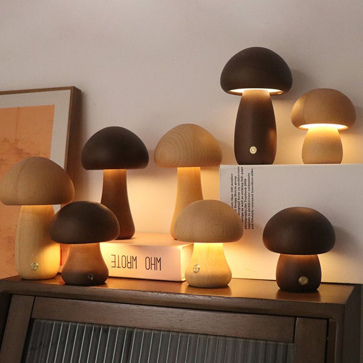 Rechargeable Wooden Mushroom Table Lamp