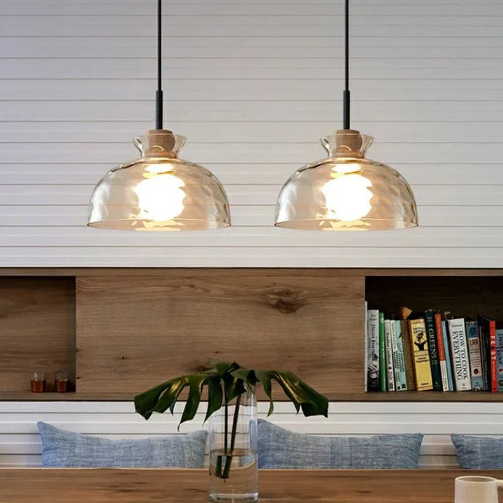 Art Ripple Glass Suspension with Wooden Shade
