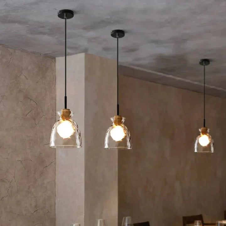 Art Ripple Glass Suspension with Wooden Shade